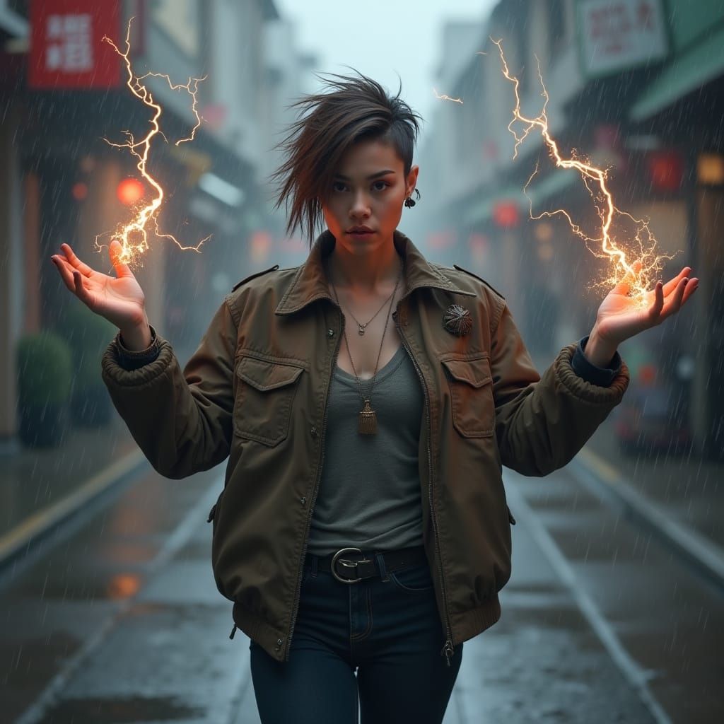 Punk Woman Casts Lightning Spell in Rainy Street