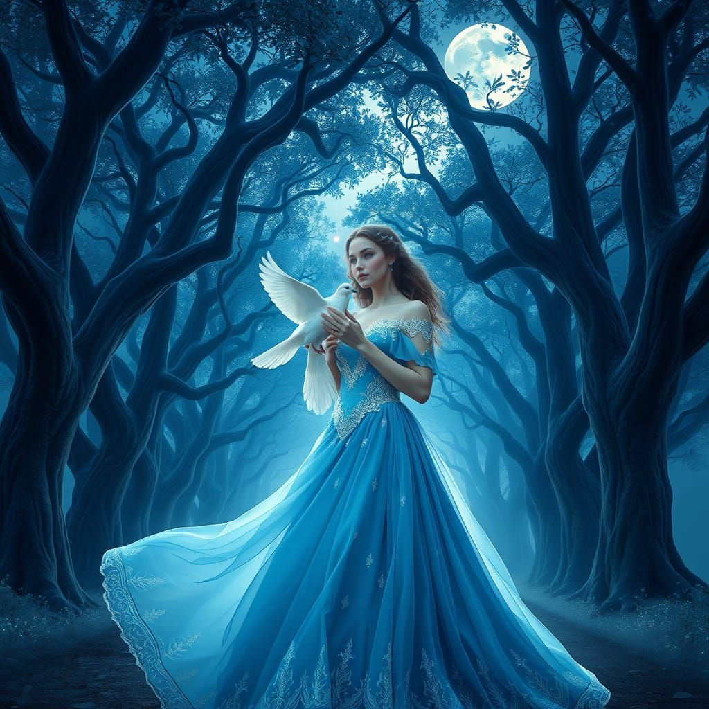Ethereal Fantasy Scene under Moonlit Trees