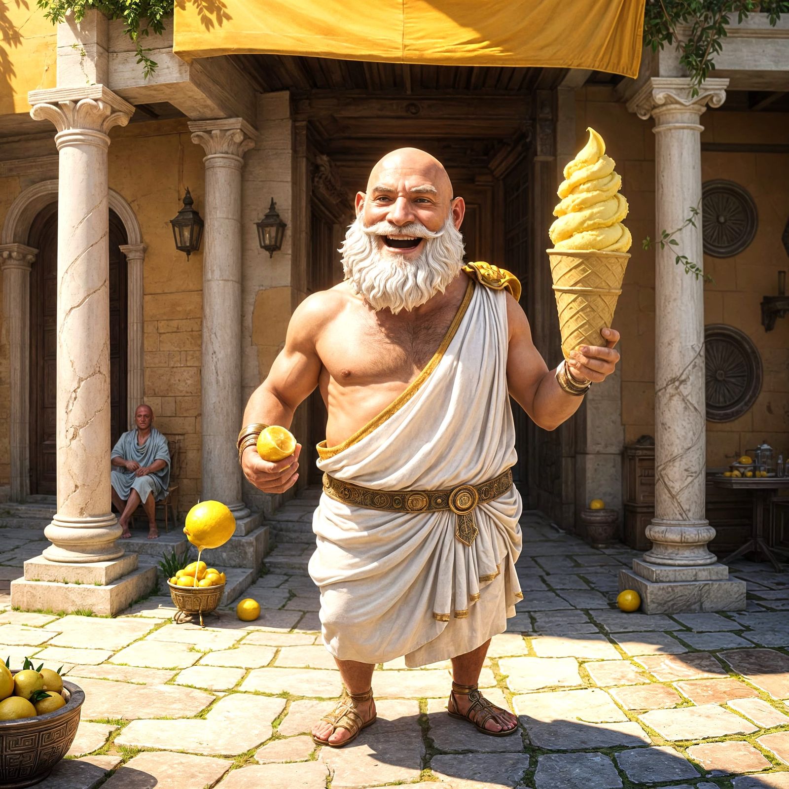 Eureka! 
With a big smile of glee bald Ancient Greek scholar...