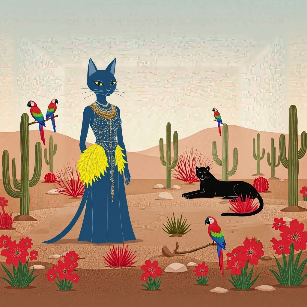 Blue Cat in Glass Room with Desert Garden