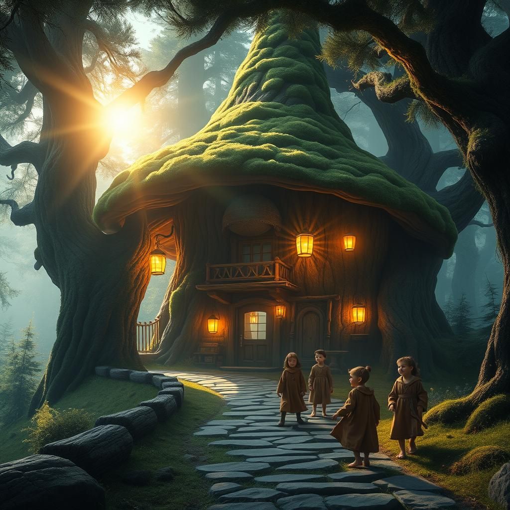 Mystical Hat Hut in Enchanted Forest, Digital Matte Painting