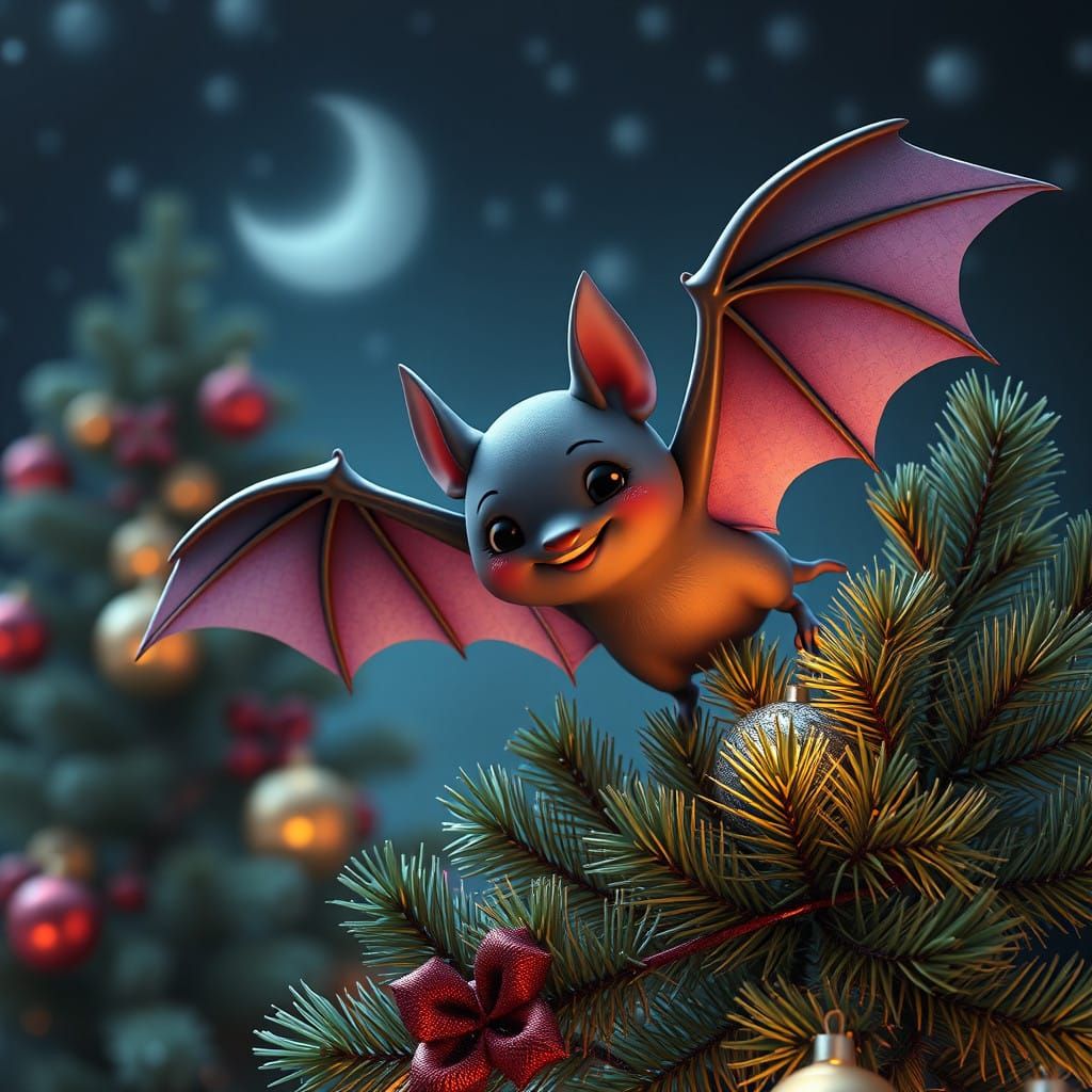 The bat is cute and kind on the Christmas tree smiling