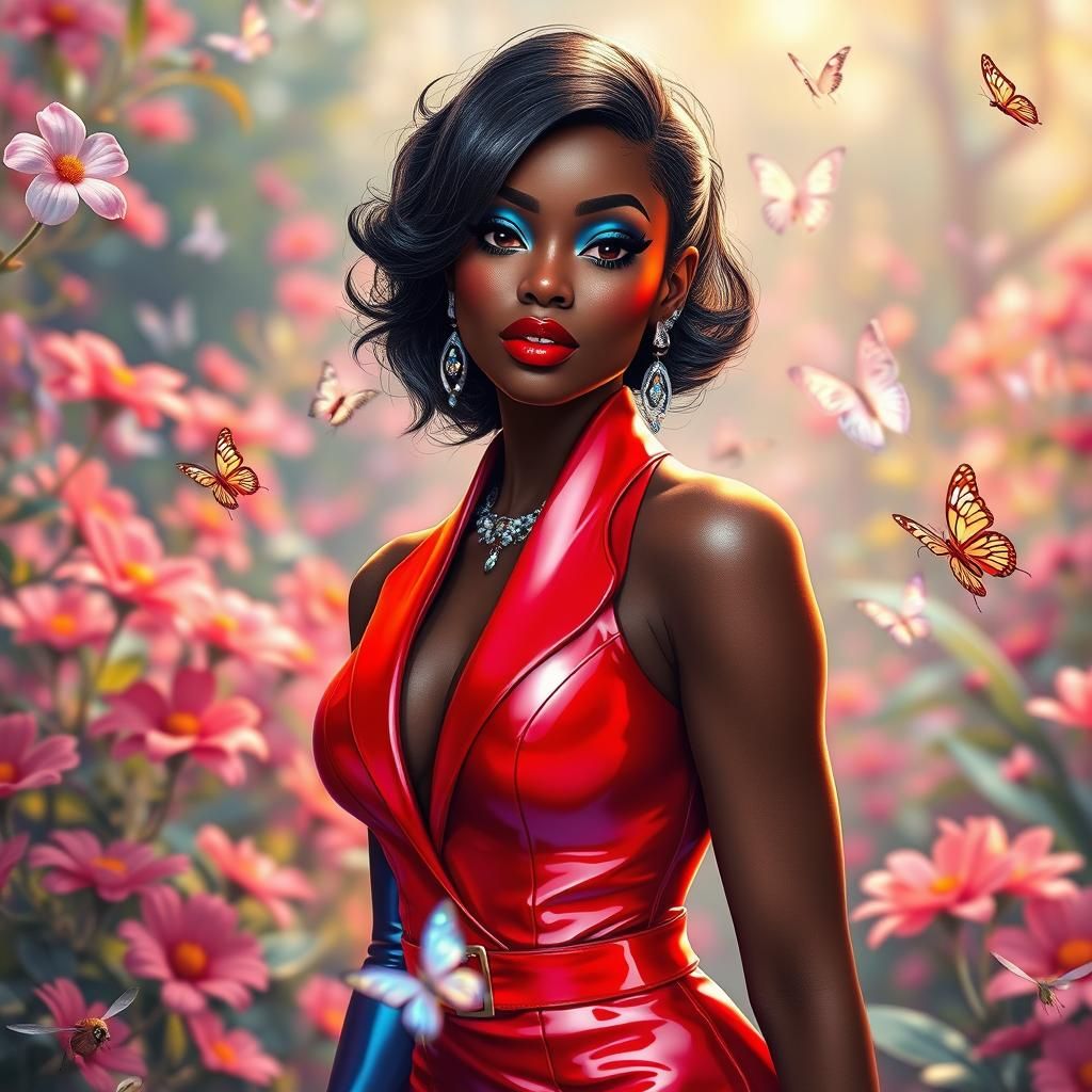 Elegant Woman in Flower Park, Fantasy Cartoon Style