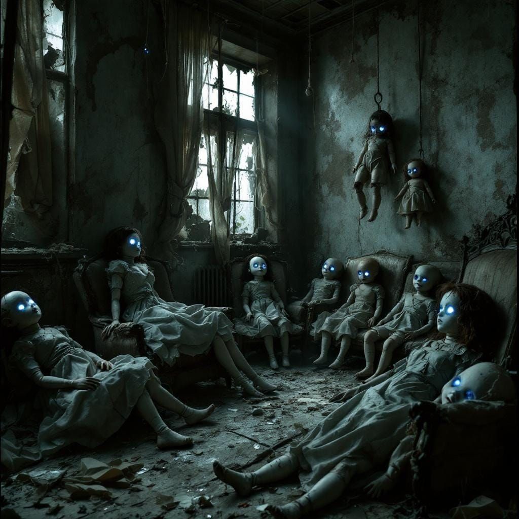 Haunting Abandoned Room with Glowing-Eyed Dolls