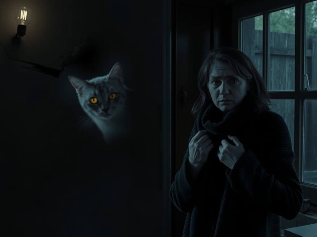 Eerie Cat Peering Through Cracked Wall in Dimly Lit Room