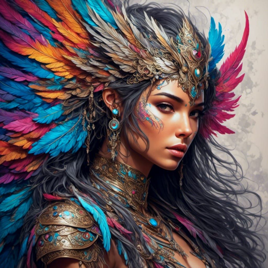 Indian Woman in Armor with Colorful Wings