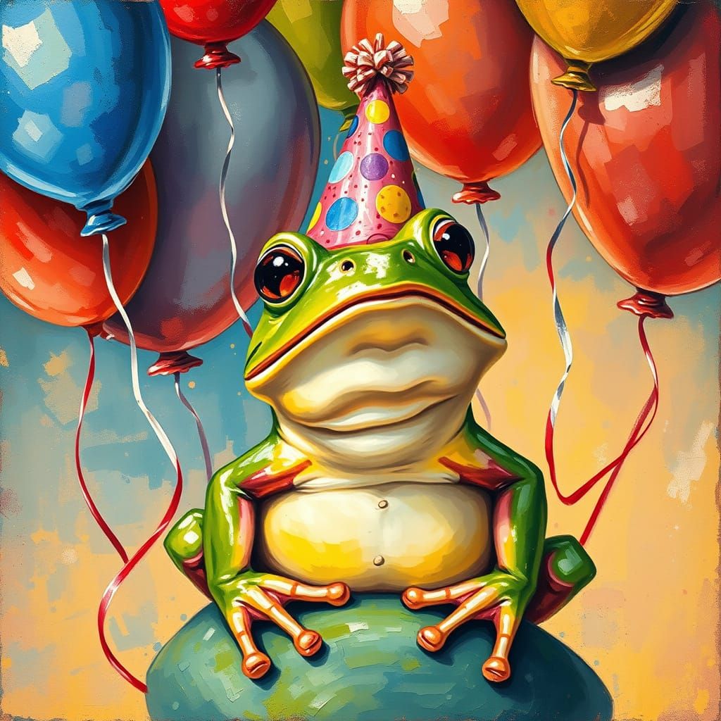 Frog's Surprise Party in Expressive Gouache Style