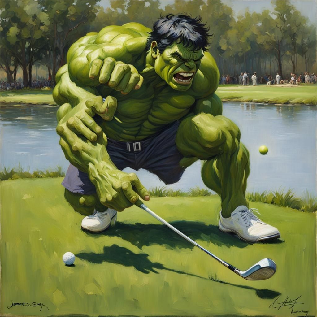 Hulk Hits a Golf Ball: Oil Painting