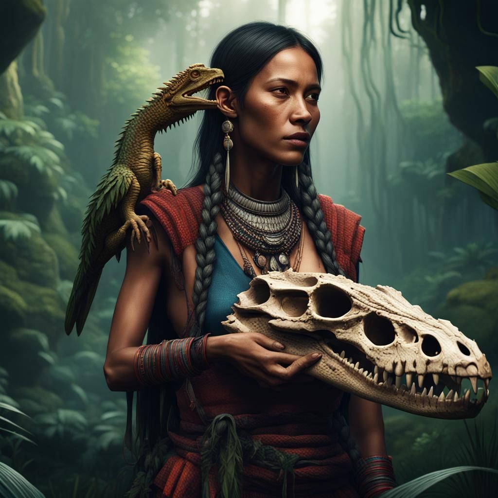 Incan Woman with Crocodile Skull in Jungle