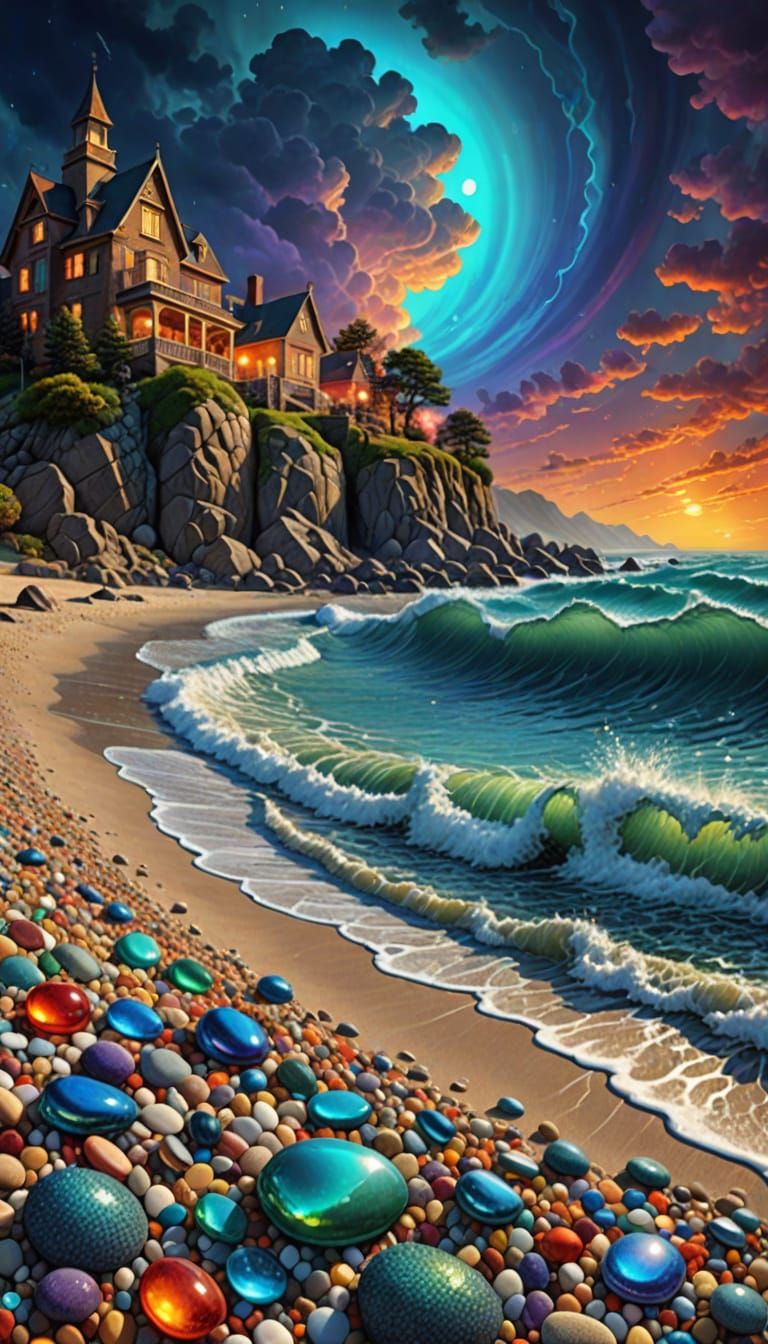 Surreal Stormy Beach with Luminous Pebbles