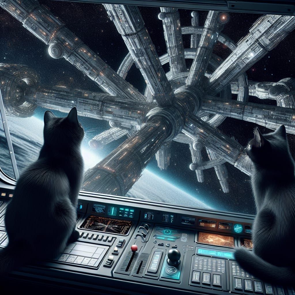 Cats Gaze at Space Station in Cyberpunk Spaceship