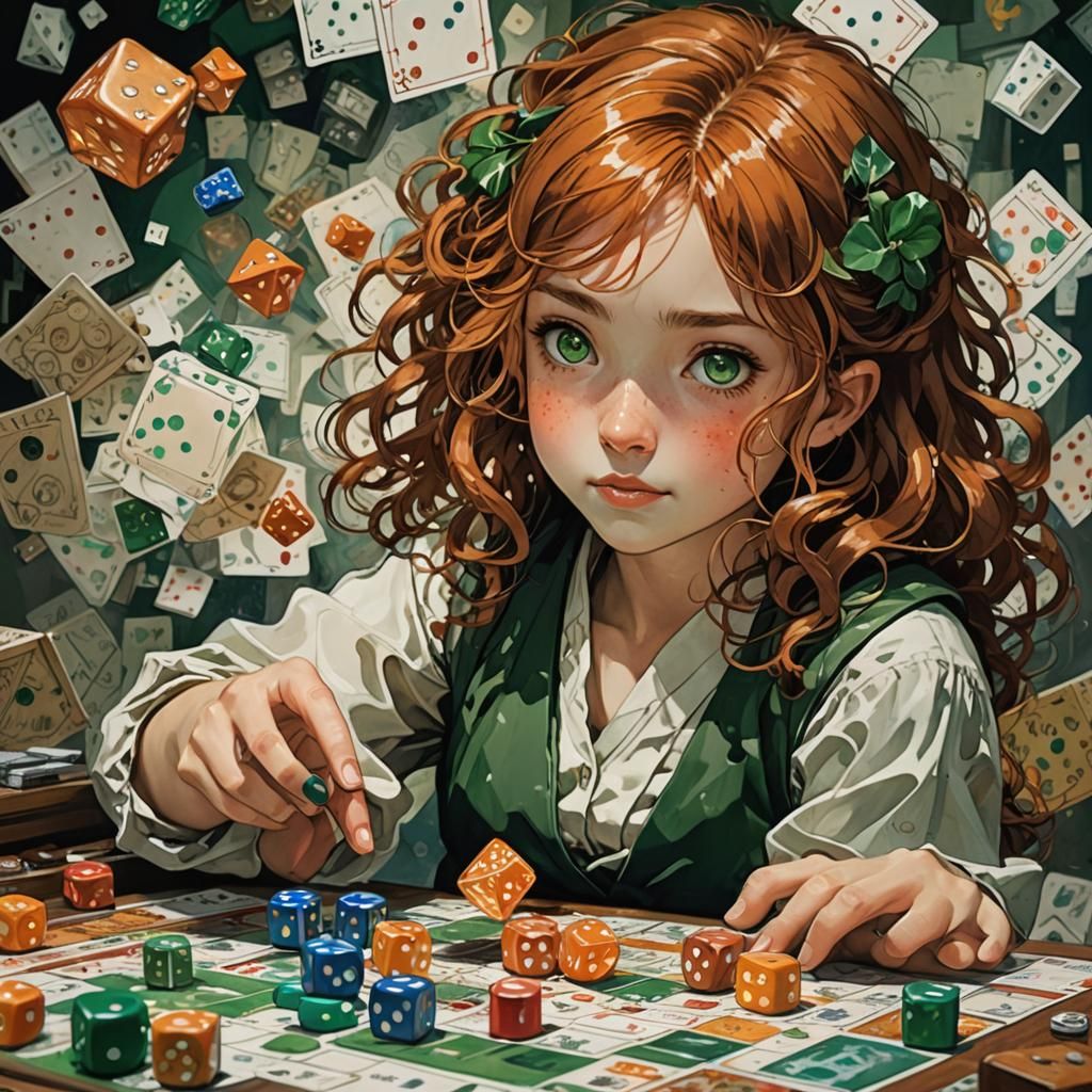 Girl Playing Board Game in Watercolor Style