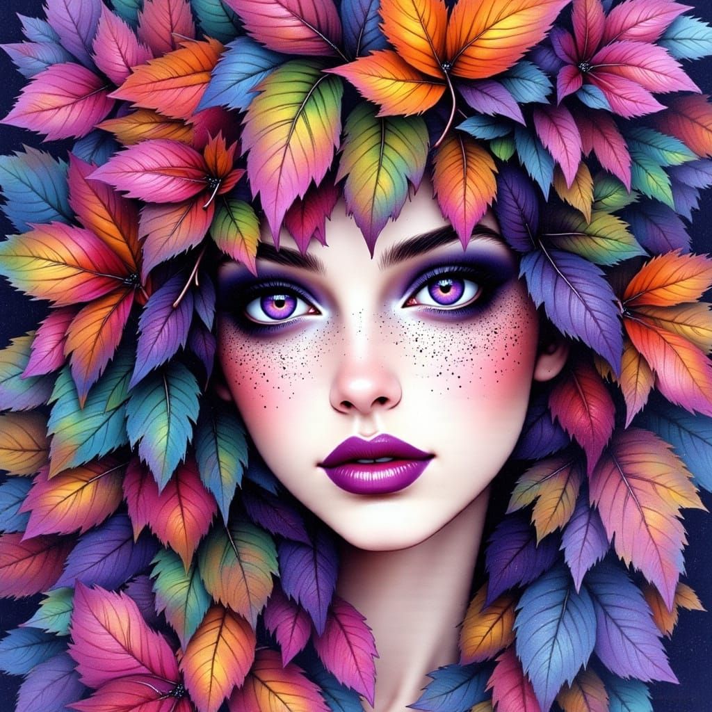 Woman with Multicolored Leaf Face Paint in Watercolor