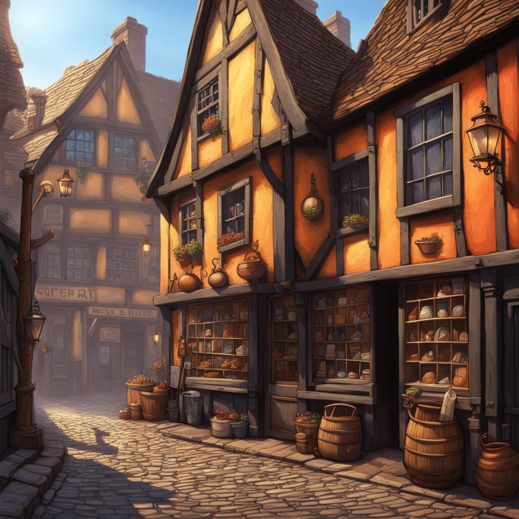 Cobblestone Street with Witch Shops in Hyperrealistic Style