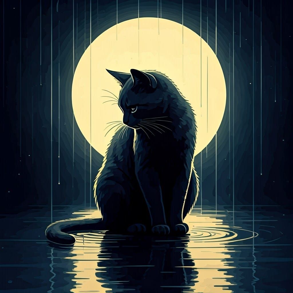 Sleek Black Cat Contemplates Rainy Night