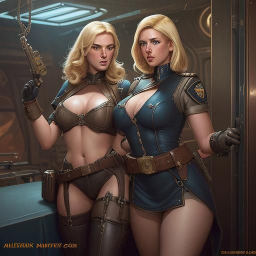 Dieselpunk Lady Officers on Ship in Comic Book Art