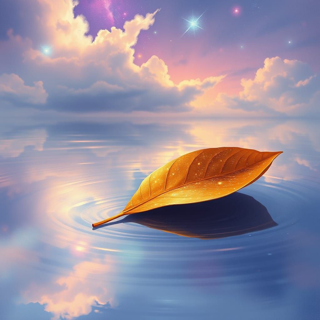 Golden Leaf Drifts onto Cosmic Pond in Dreamy, Impressionist...