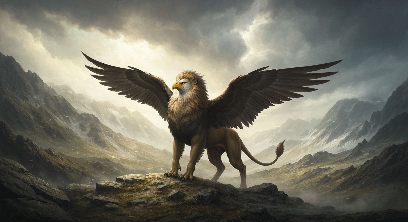 Majestic Gryphon in Windswept Landscape, Oil Painting Style