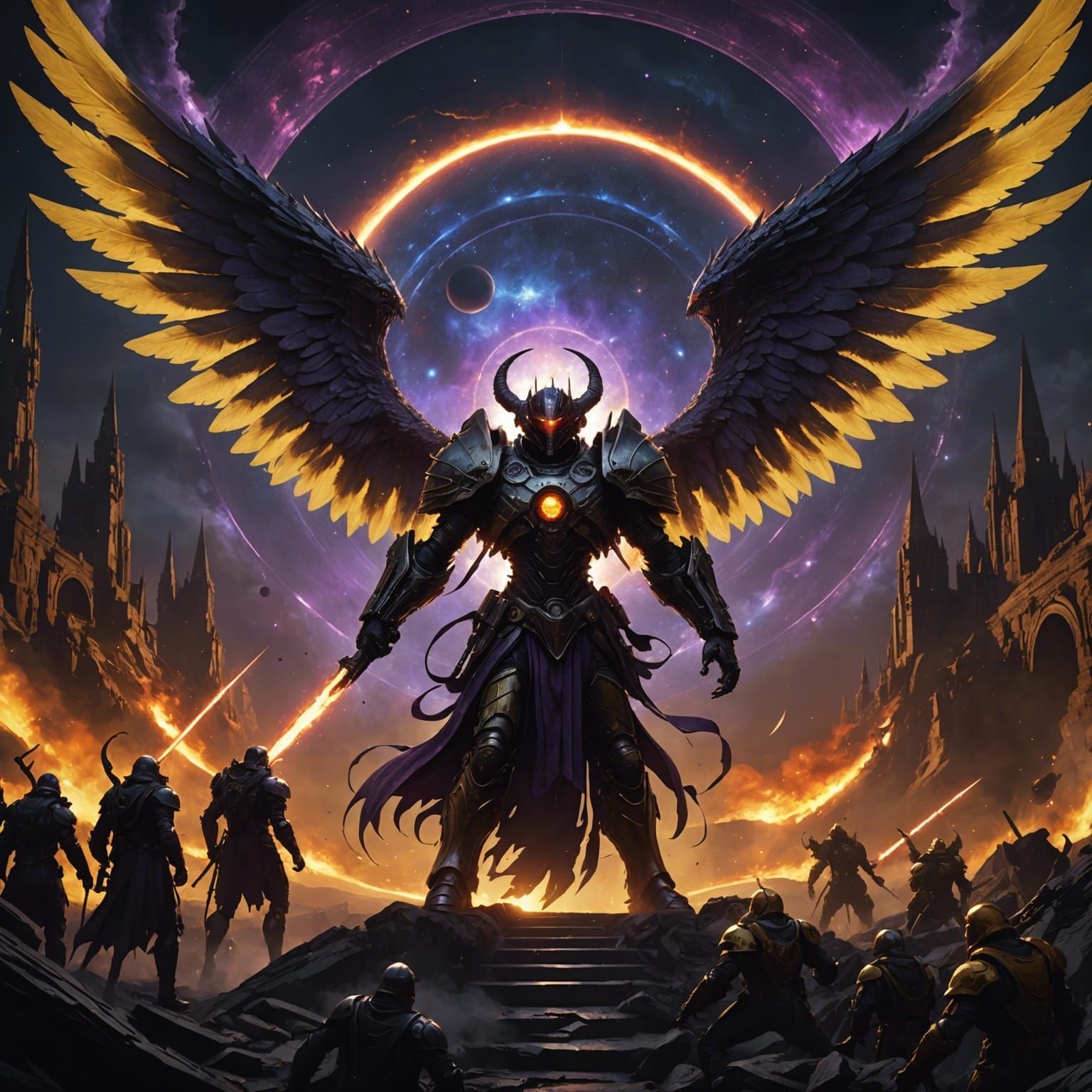 Angels and Demons Clash at Black Hole, Detailed Art