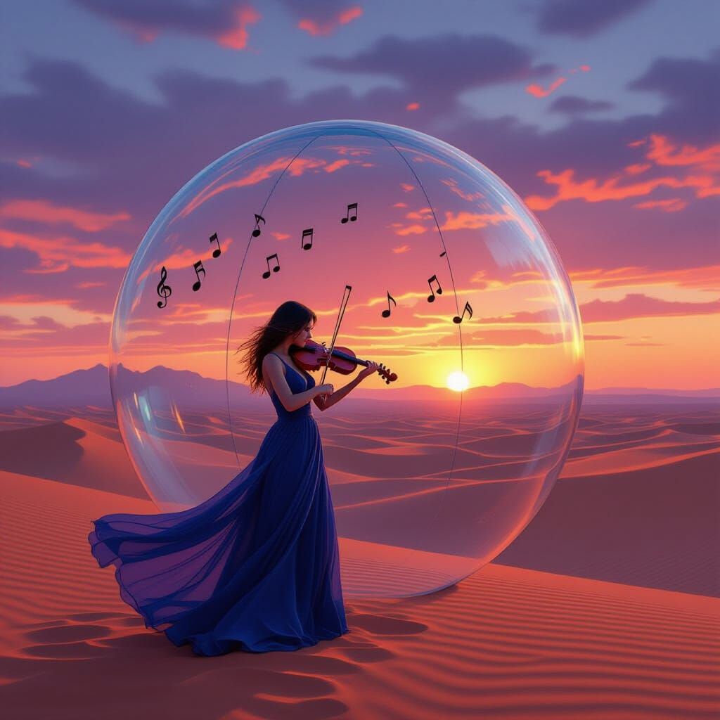 Violinist Plays in Desert Dome, Hyperrealistic Style
