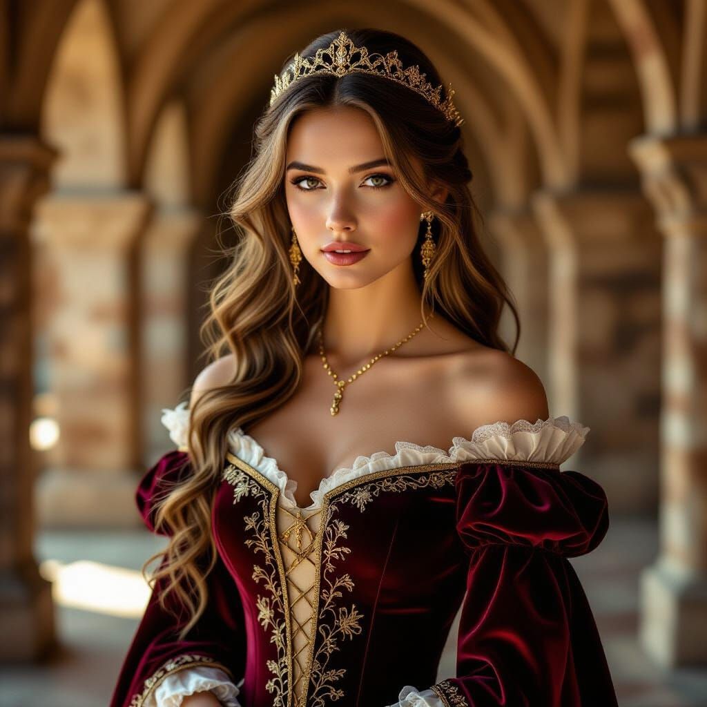 Medieval Woman in Burgundy Gown, Photorealistic Image