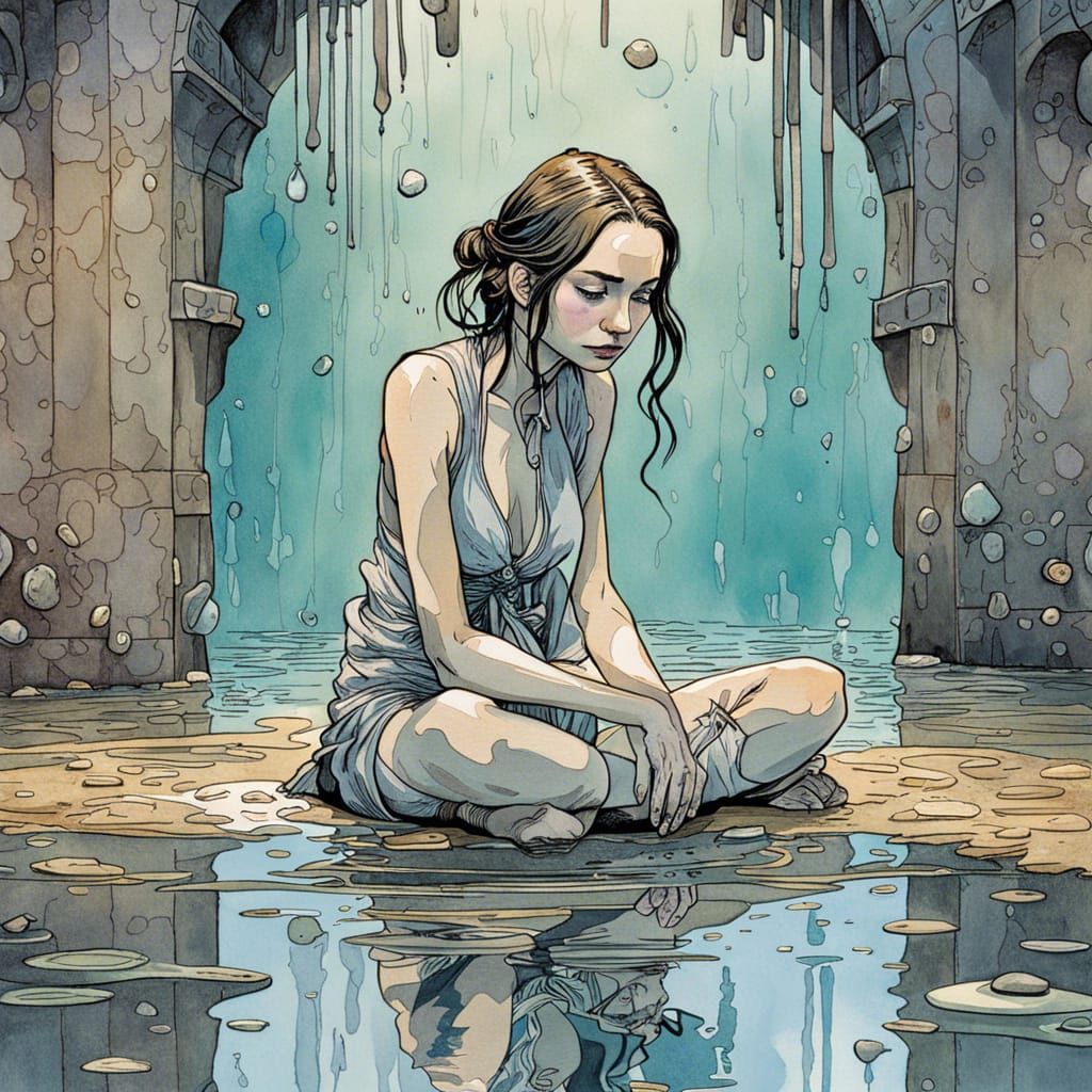 Sad Prisoner in Wet Cell, Watercolor Portrait