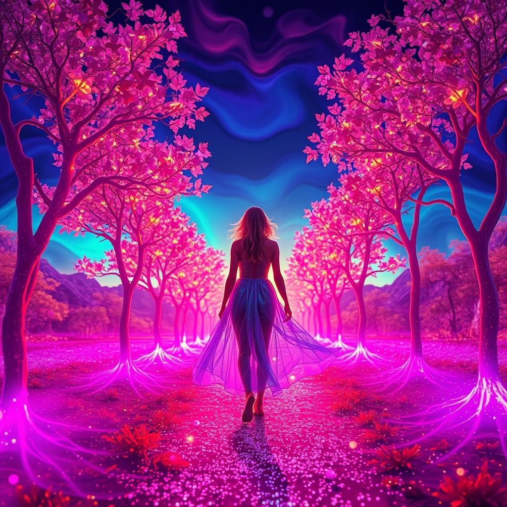 Vibrant Figure in Surreal Neon Landscape