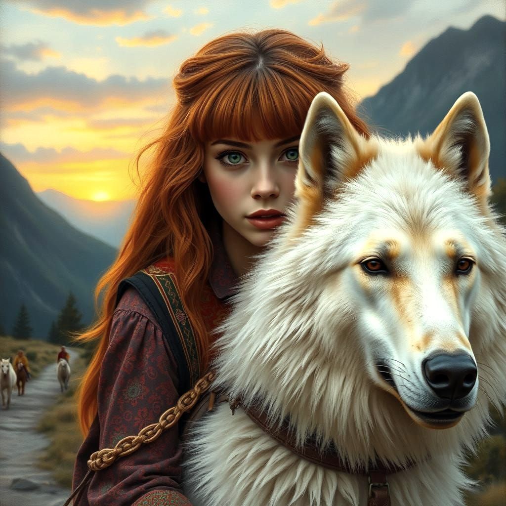 Boho Woman Rides White Wolf: Old Masters Portrait