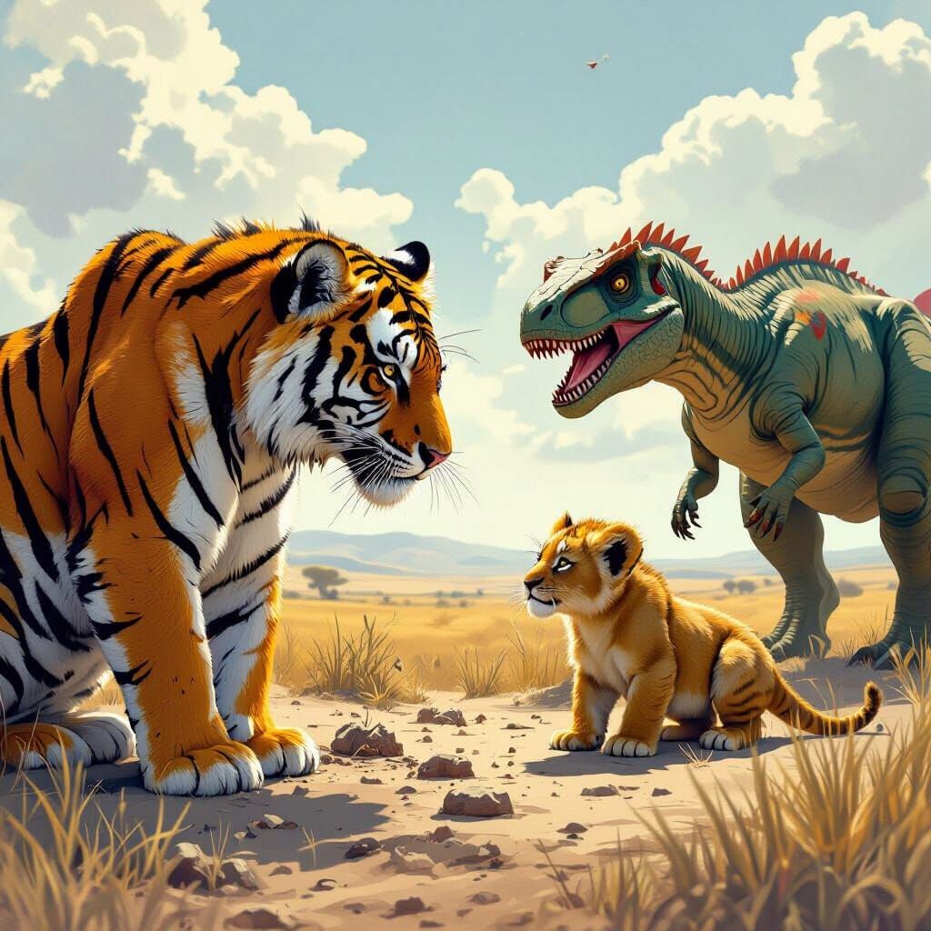 Tiger Witnesses Lion Cub and Dinosaur in Sci-Fi Scene
