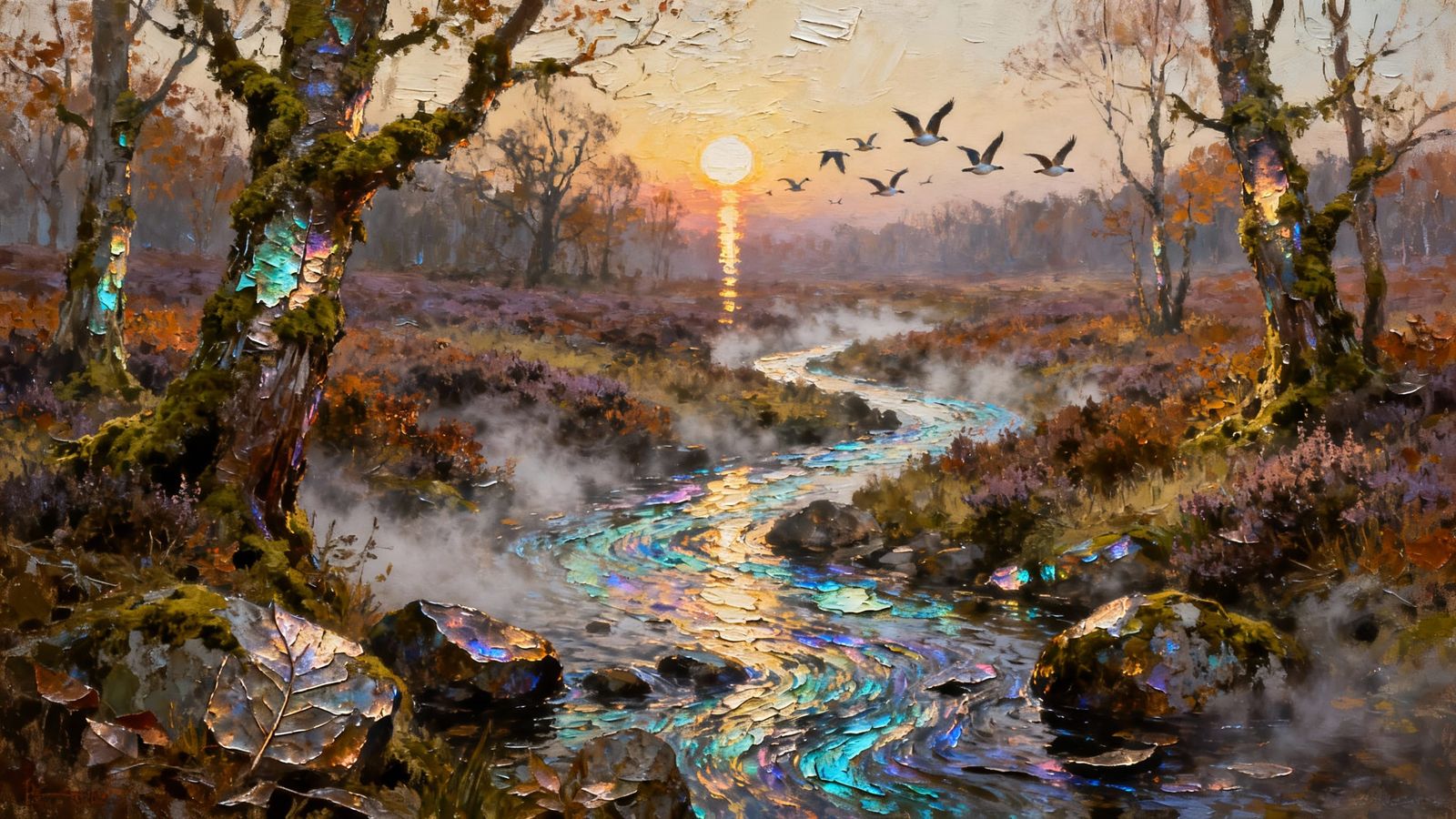 Mysterious Autumn Heath Landscape in Impasto Oil Style