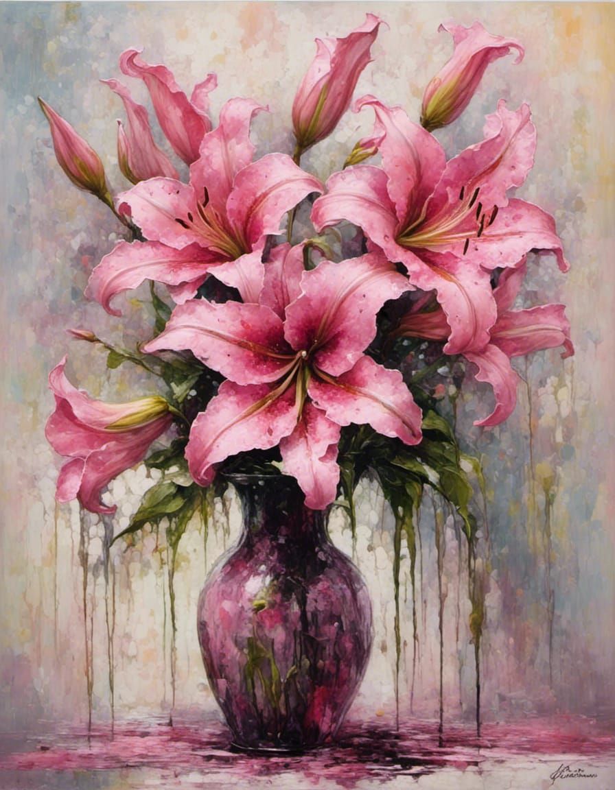 Pink Lilies in Vase as Impasto Acrylic Painting