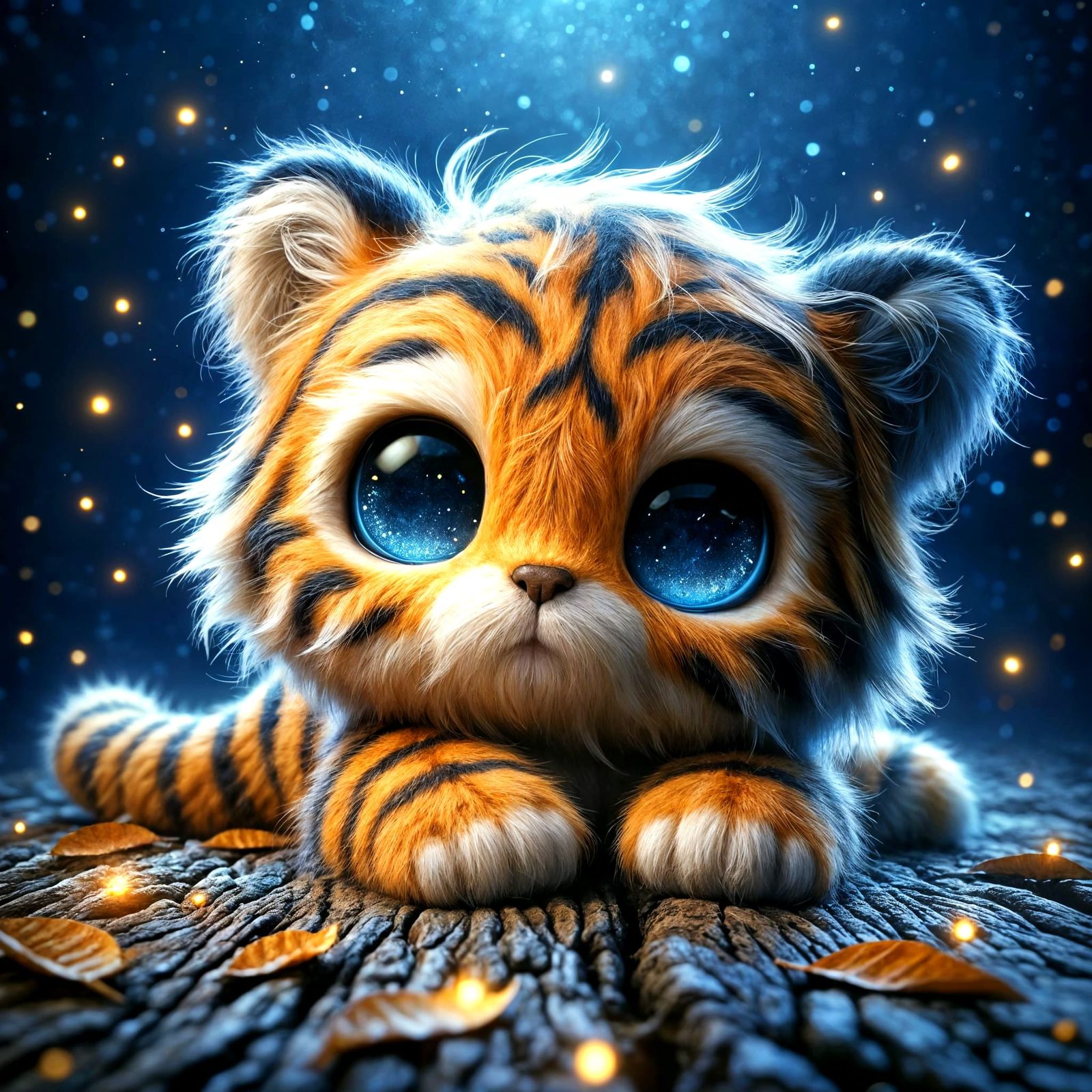 Adorable Chibi Tiger with Fireflies in Digital Art