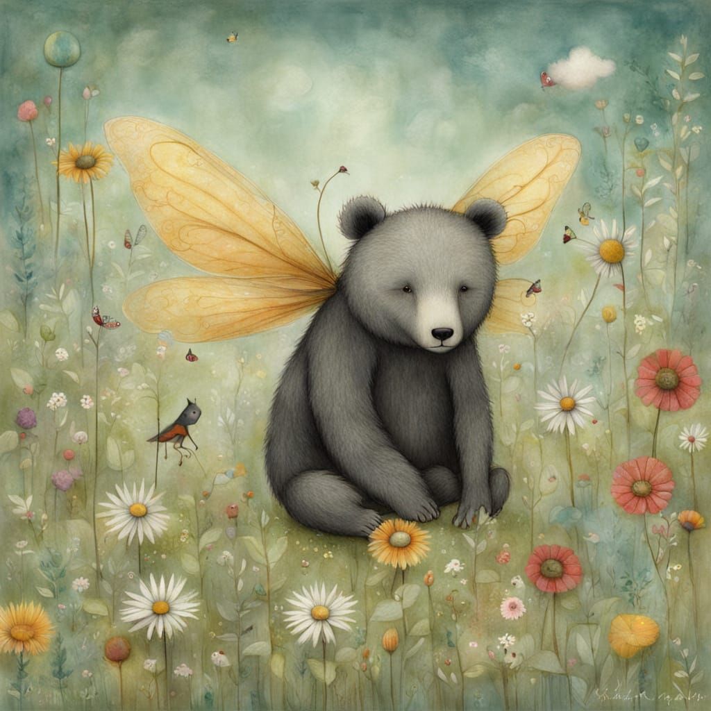 Fairy Tale Bear in Whimsical Summer Landscape