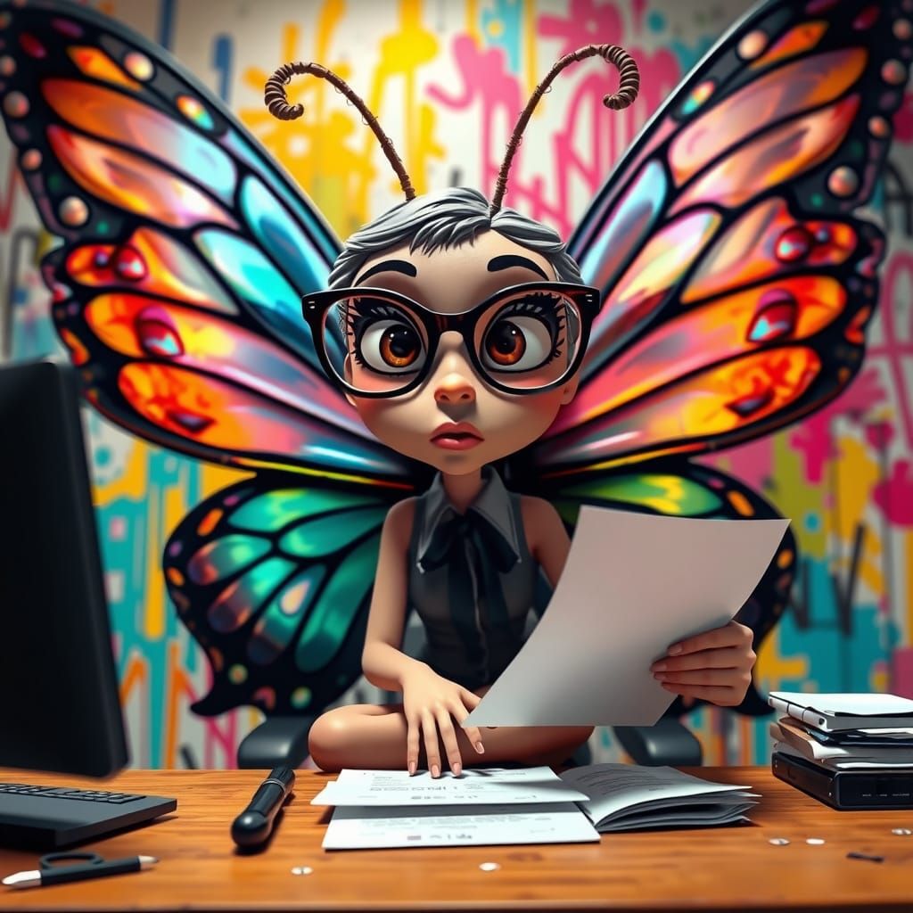 Analytical Butterfly at Desk in Pixar Style