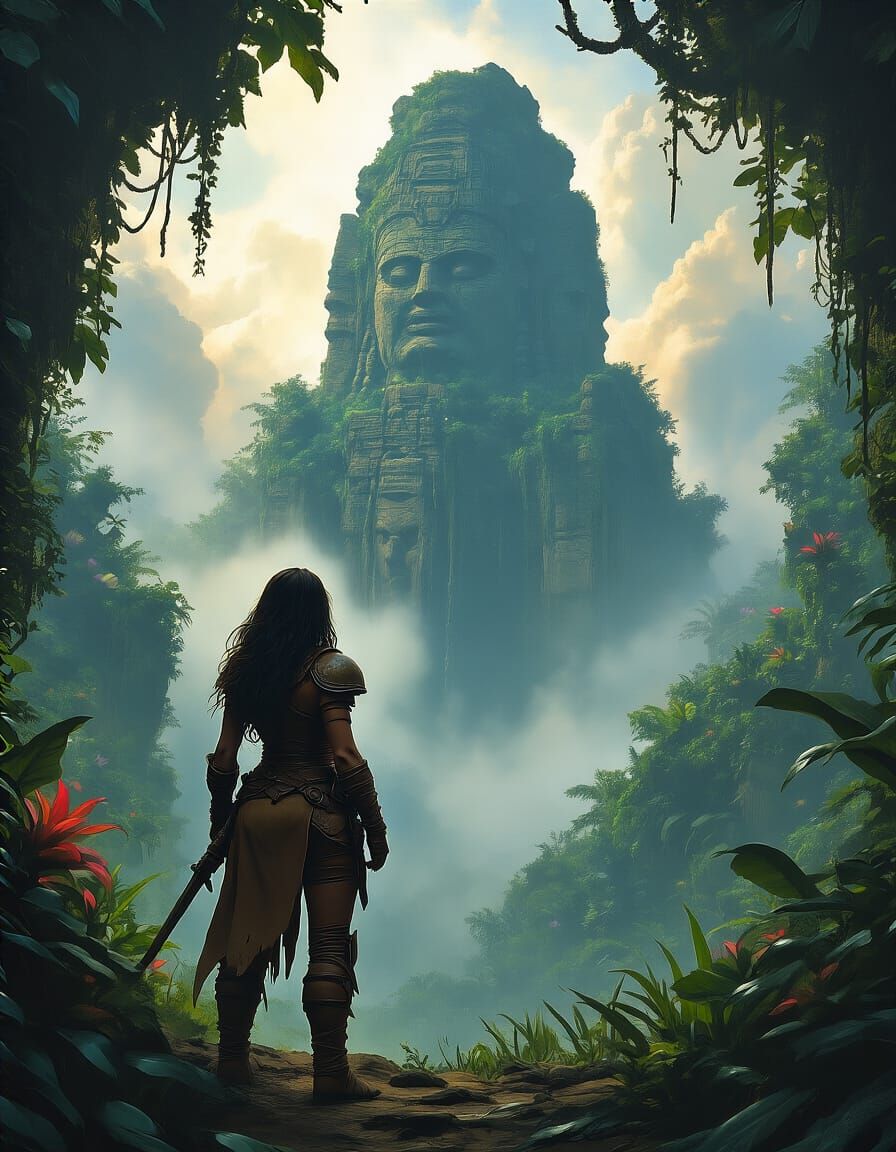 Adventurer Gazes at Ancient Ruin in Bioluminescent Jungle