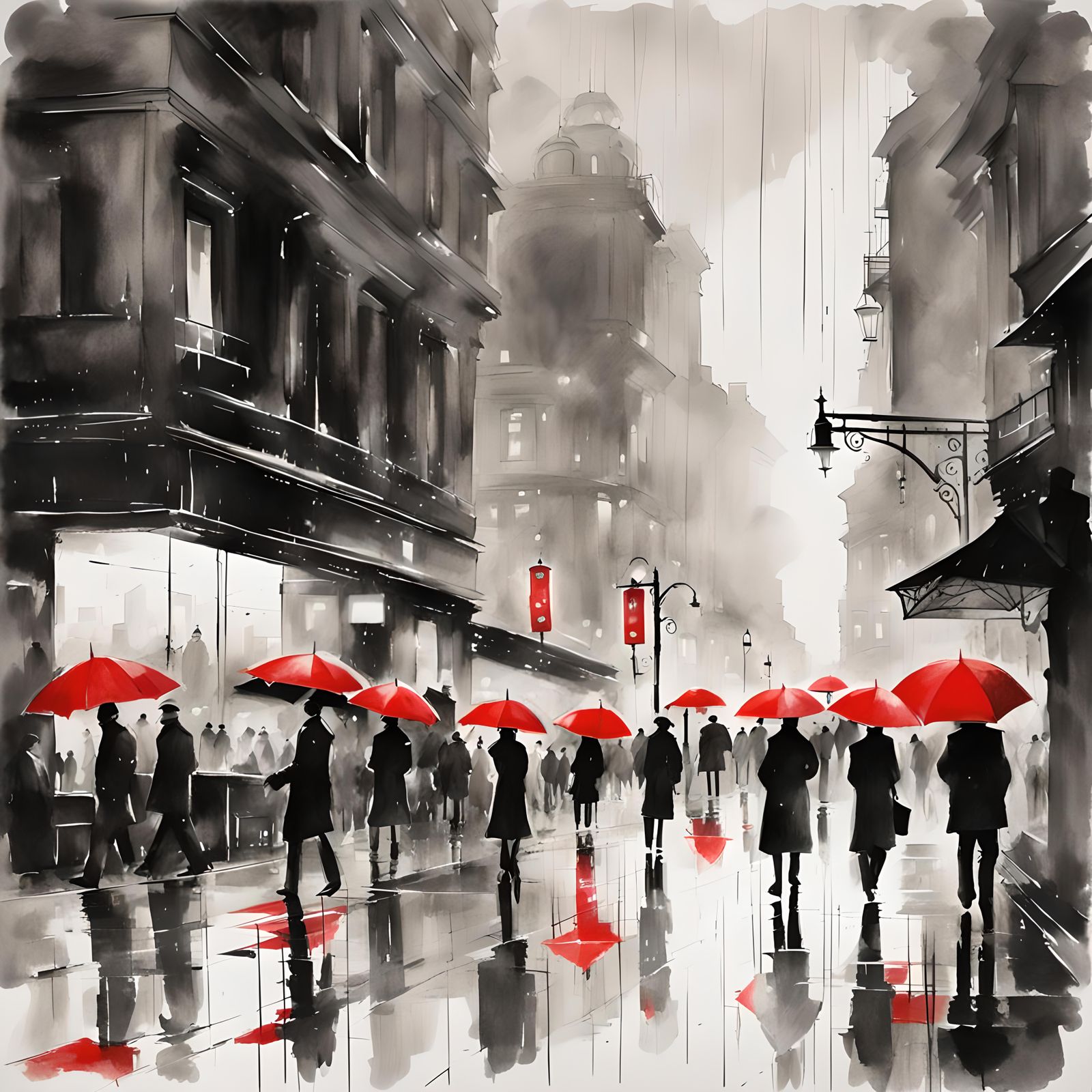 Black and white atmosphere of a city street in rainy weather, when the figures of people and red umbrellas are blurred i...