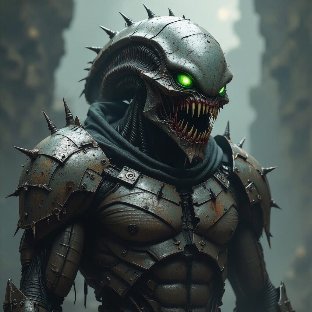 Menacing Alien Creature in Biomechanical Gothic Style