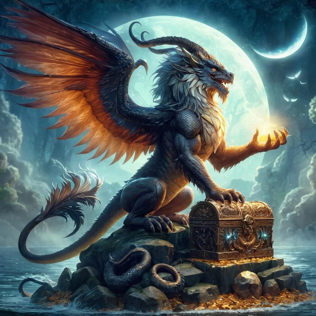 Feathered Dragon Guarding Golden Chest in Misty Forest