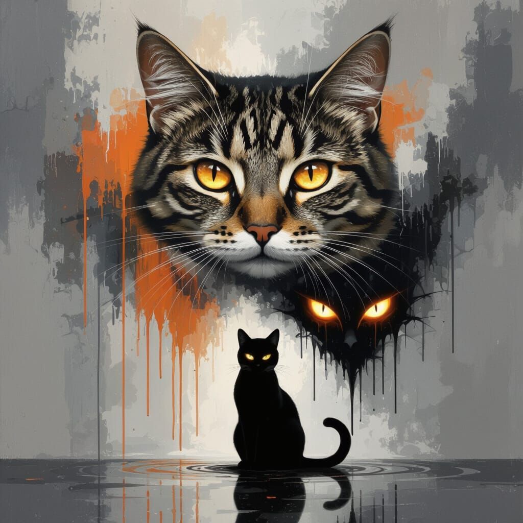 Surreal Tabby Cat with Amber Eyes in Abstract Style