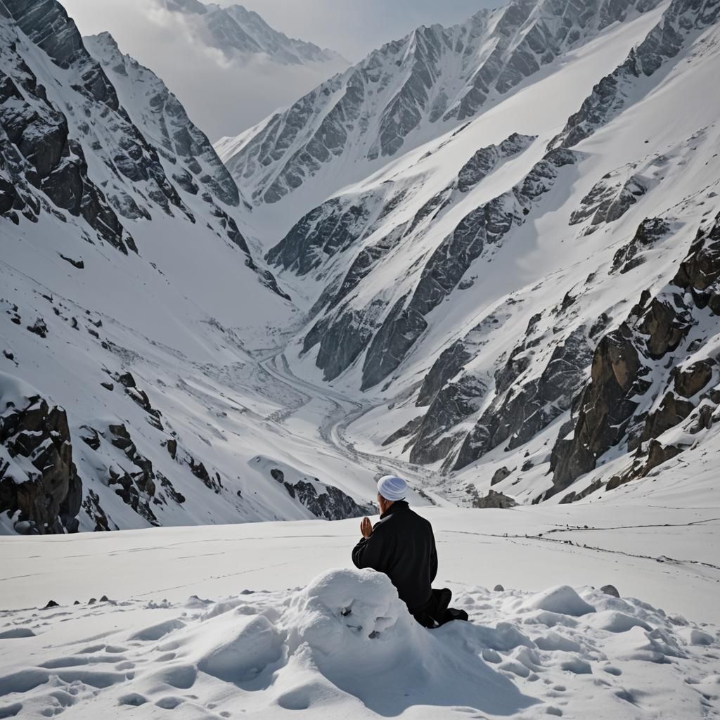 Clerk Praying in Snowy Alps Mountain Landscape