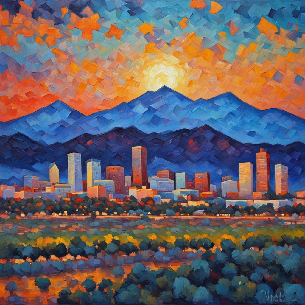 Albuquerque Skyline at Dusk Neo-Impressionist Oil Painting
