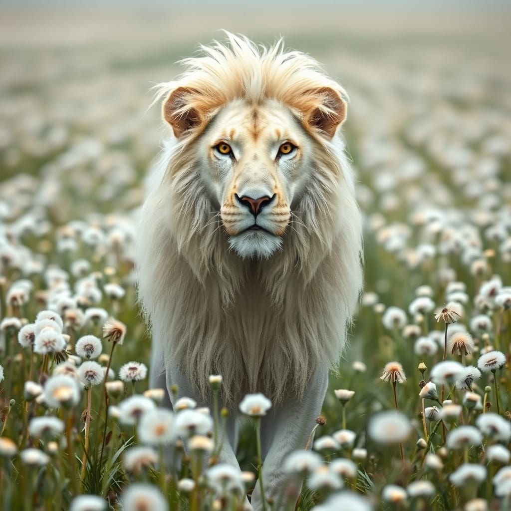 Lion Blending into Dandelions in a Surreal Photorealistic La...