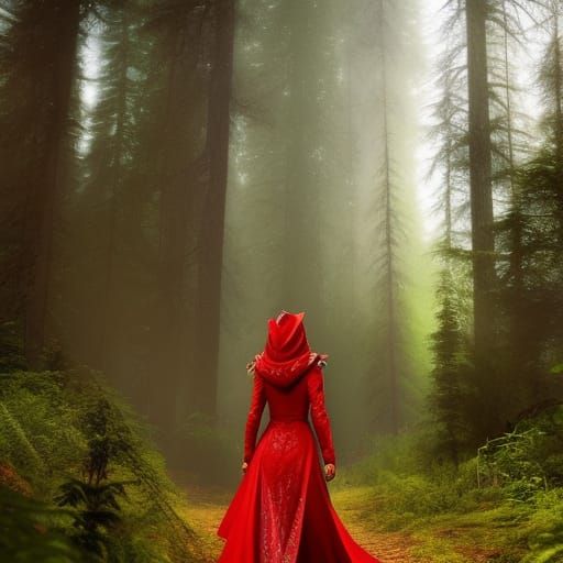 Red Riding Hood Runs Through Hyperdetailed Forest