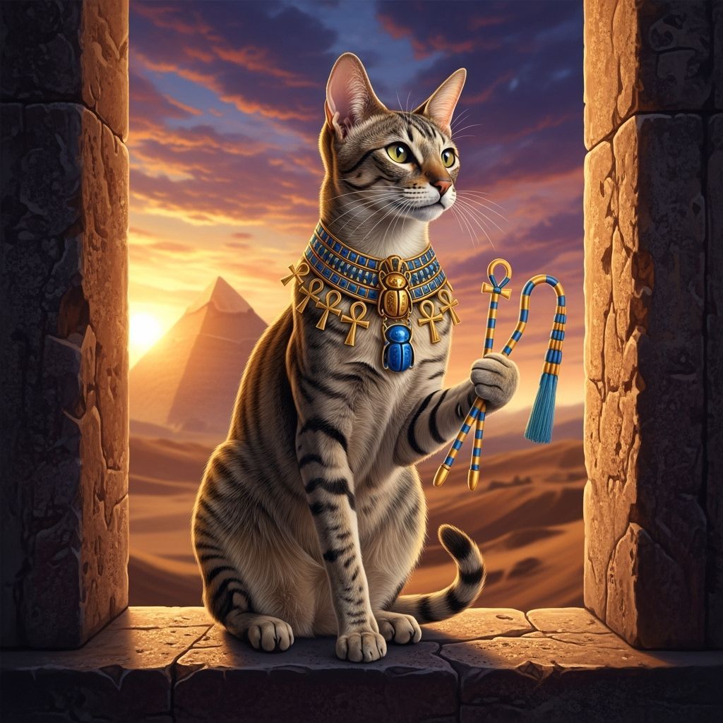 Egyptian Mau Cat Overlooking Pyramid in Hyperrealistic Style