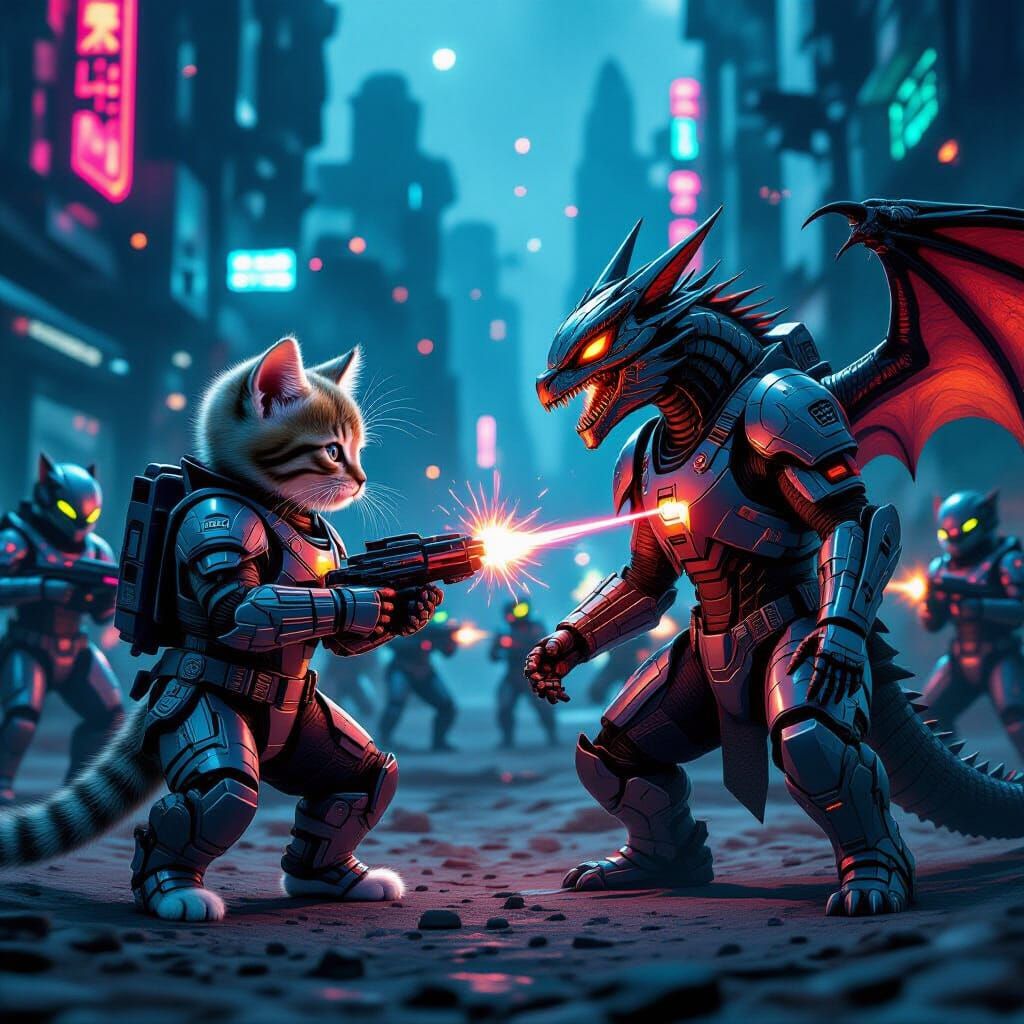 Cyberpunk Kitten Battles Armored Dragon on Alien World