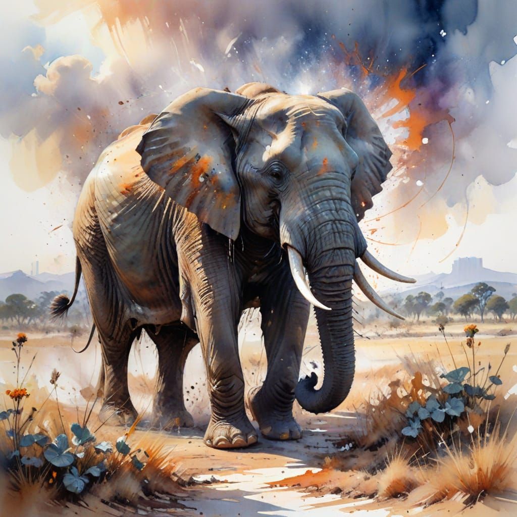 Elephant in Dusty Savanna Landscape, Fine-Tuned Watercolour ...