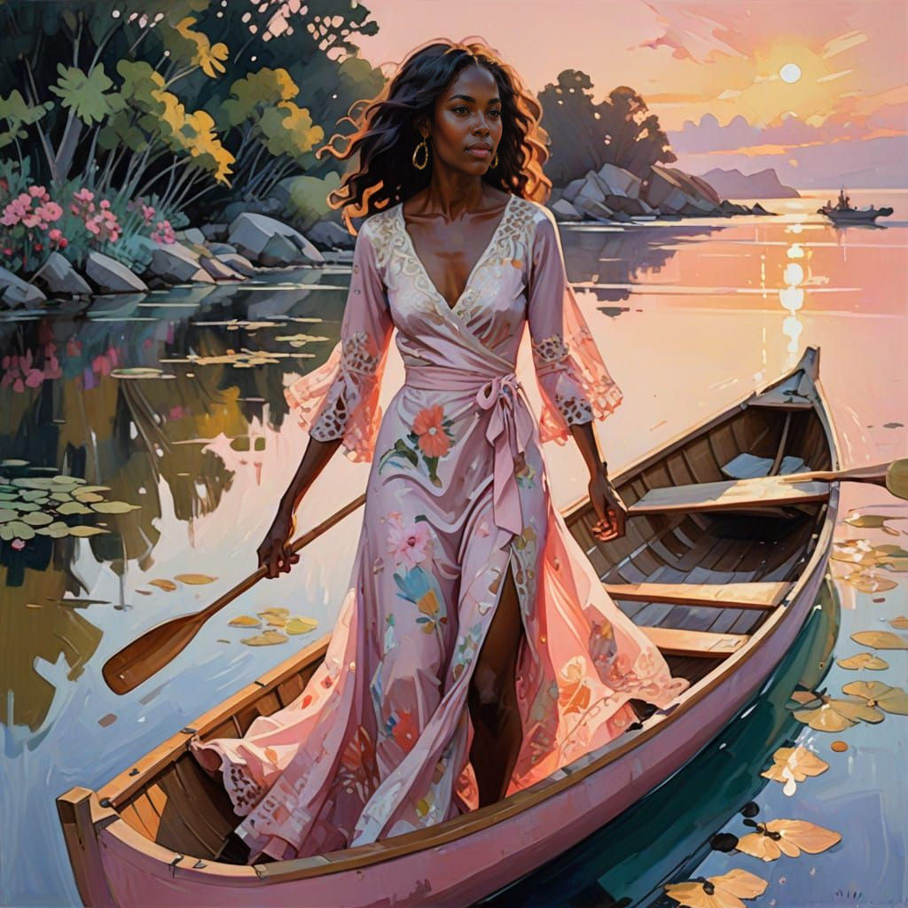 Ethereal Pink Beach Scene with Serene Black Woman