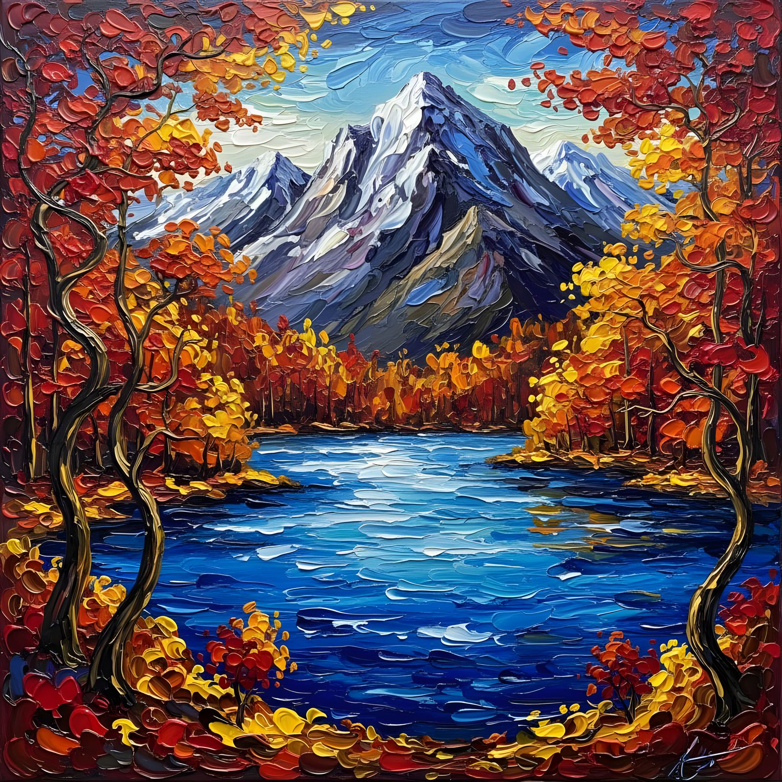 Autumn Landscape Impasto Painting of Blue Lake