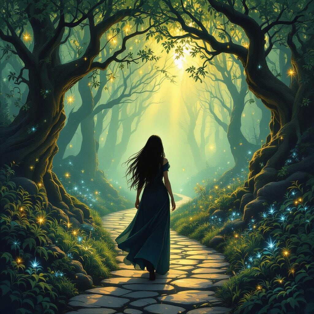 Woman in Glowing Forest on Stone Path