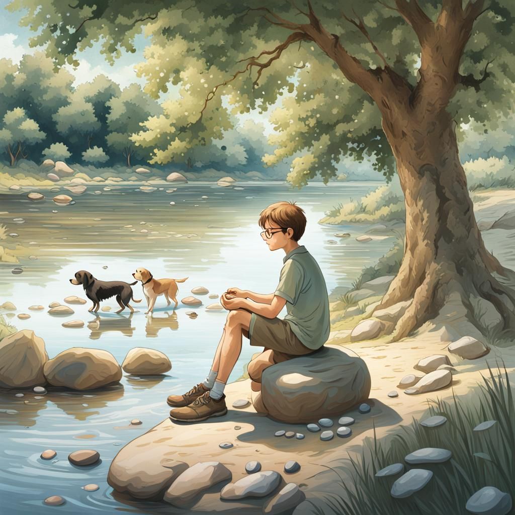 Boy Skipping Stones in a Peaceful Landscape